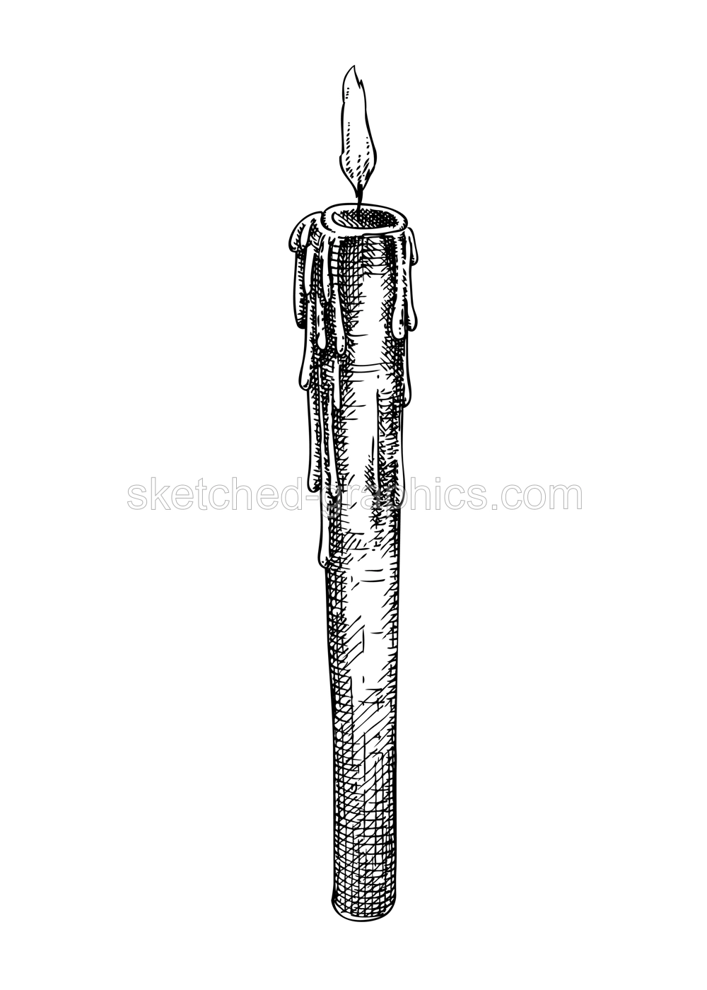 Burning candle sketch. Hand draw wax candle isolated on white background. Halloween design element. Hand drawn home decoration. Candlelight vector illustration for print, poster, flyers. Illustration